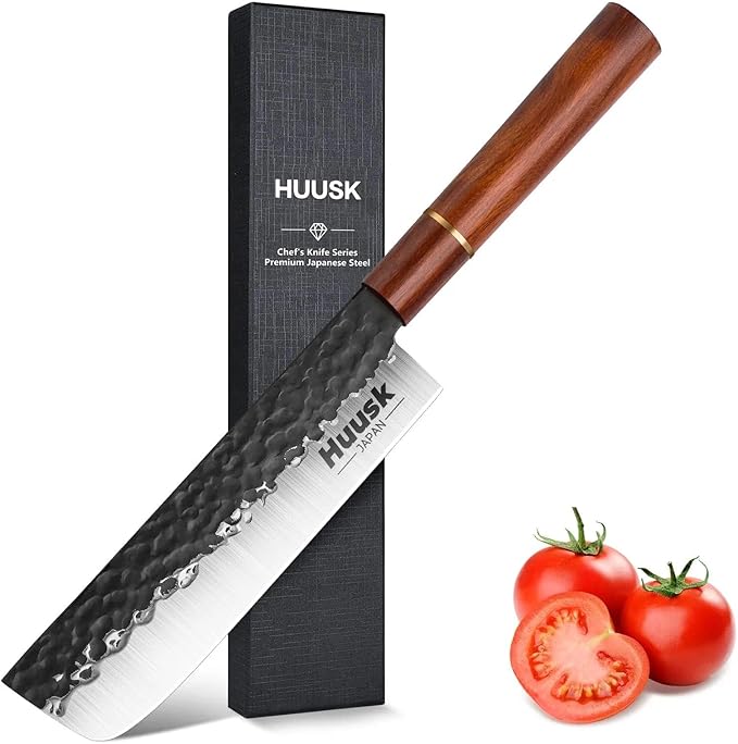 Huusk Japan Knife, Nakiri Knife Japanese Vegetable Knives 7 Inch, Multipurpose Asian Kitchen Chef Knives,Hand Forged High Carbon Steel Sharp Cleaver, Ergonomic Rosewood Handle, Gifts Idea for Men
