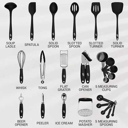 Kaluns Silicone Kitchen Utensils Set 24 Pcs Silicone Cooking Utensils Set - Can Opener, Masher, Turner, Spatula 446°F Heat Resistant Non-Stick - Premium Utensil Set