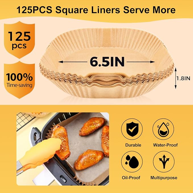 Air Fryer Disposable Paper Liners - 125Pcs 6.5In Square Parchment Paper Non-Stick Airfryer Basket Liners for Steamer Microwave Oven