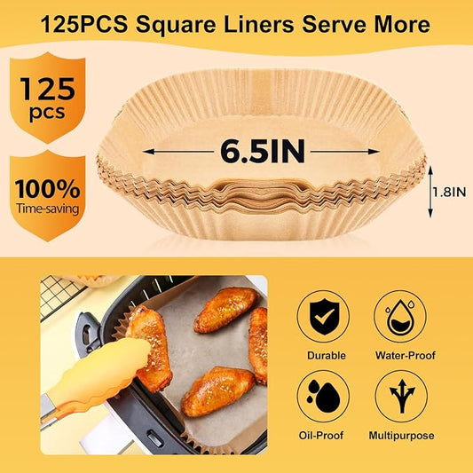 Air Fryer Disposable Paper Liners - 125Pcs 6.5In Square Parchment Paper Non-Stick Airfryer Basket Liners for Steamer Microwave Oven