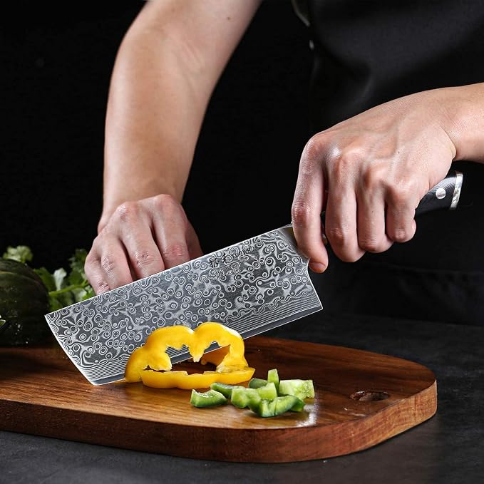 TURWHO Professional Nakiri Knife 7 Inch - Classic Damascus pattern Japanese VG-10 Steel Chef Knives