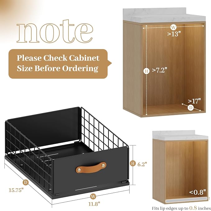 Pull Out Cabinet Organizer, No-Drill Pantry Drawers, Slide Out Shelves with Bamboo Risers for Lipped Cabinets,Ideal for Kitchen, Bathroom & Under Sink Storage (Black, 11.8" Wide-15.7" Deep)