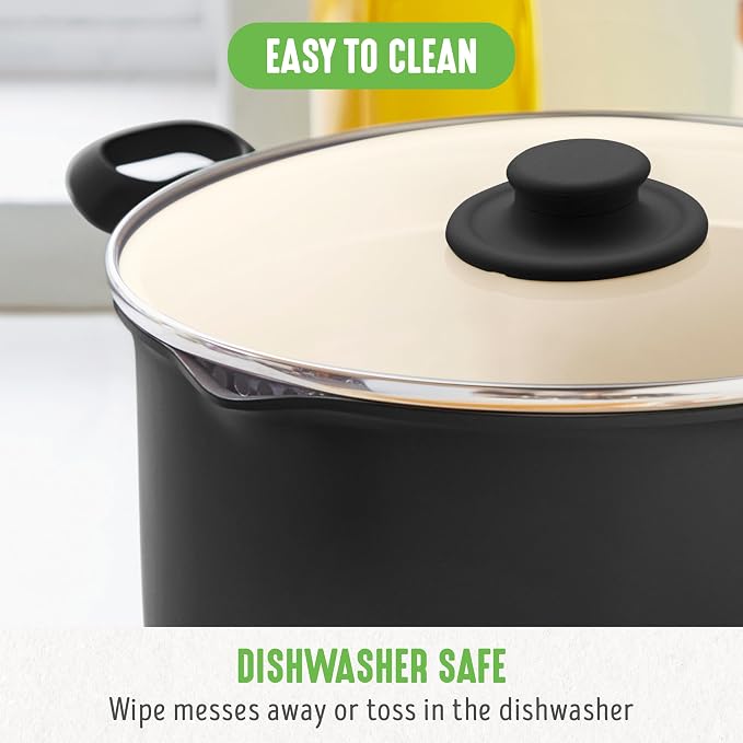 GreenLife 6QT Ceramic Nonstick Stockpot with Glass Straining Lid, PFAS-Free, Dishwasher Safe, Stay-Cool Handles, Oven Safe to 350°F, Wobble-Free Base, Even Heating, Black