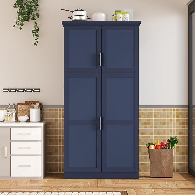 VilroCaz Freestanding Kitchen Pantry Tall Storage Cabinet, Wooden Kitchen Organizers with 4 Doors, 2 Door Shelves, 8 Pull-Out Trays and Adjustable Shelf for Dining Room Living Room (Blue-8.5)