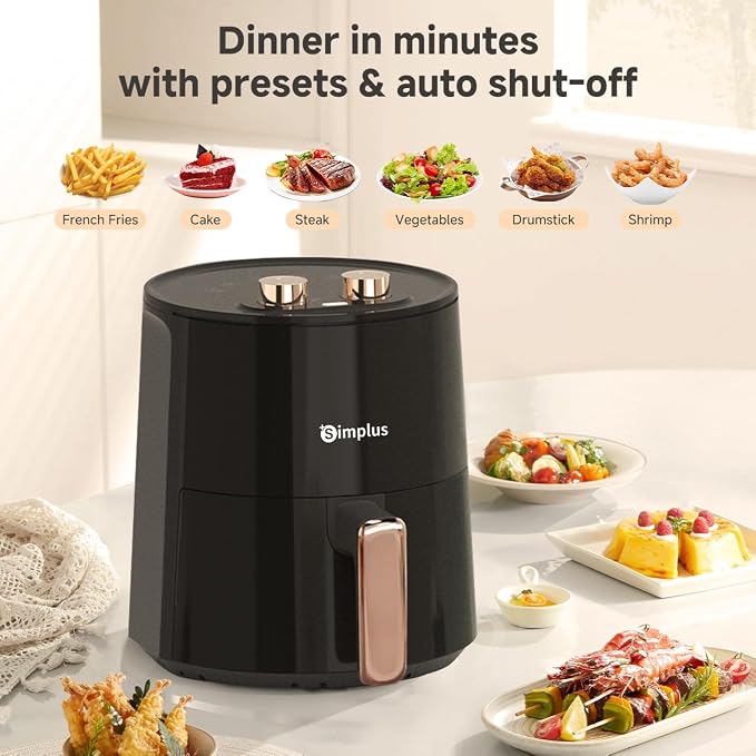 SIMPLUS 4.5QT Air Fryer, 1300W Adjustable Temperature Airfryer Oven, 6 Preset Cooking Options, 392°F Rapid Air Crisp Technology, Quick & Easy Meals in Minutes, Nonstick & Easy-Clean Basket, Black