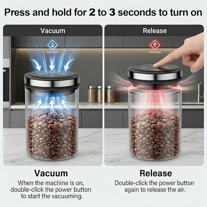 GVODE Airtight Coffee Canister with Digital Timer Display, 1.6L Borosilicate Glass Coffee Storage Container - Vacuum Sealed, 4500Hr Freshness Lock, for Beans, Grounds, Tea, BPA Free, Dishwasher Safe