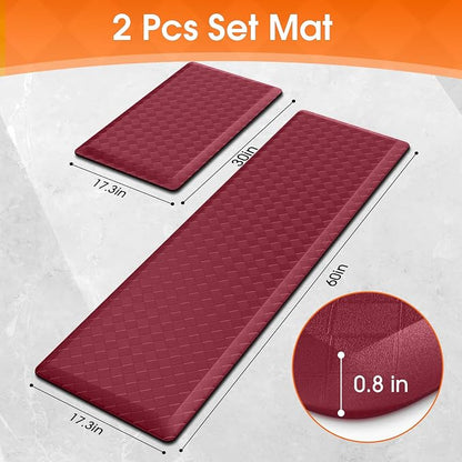 TranquilRelax 4/5 Inch Thick 2-Piece Anti-Fatigue Kitchen Mats, Cushioned Non-Slip Waterproof Sink & Stove Floor Mats, Comfortable Standing Rug Set for Kitchen, Laundry & Entryway, Red