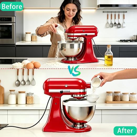 Flour Funnel with Pouring Shield for KitchenAid 4.5-6QT Mixer, Silicone Splash Guard with Flour Funnel for Kitchen Aid Mixer Tilt-Head and Bowl-Lift, Dishwasher Safe Baking Tool (White)