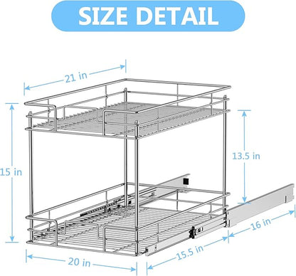 LOVMOR 2-Tier Cabinet Organizer, 20" W x 21" D Pull Out Drawer for Base Cabinet, Chrome Home Organizer, Silver