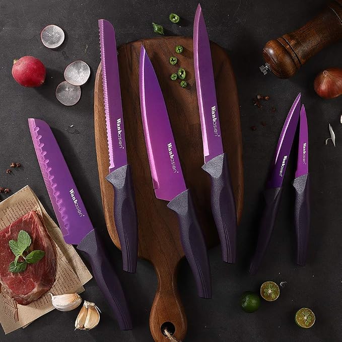Wanbasion Purple Stainless Steel Knife Set, Sharp Kitchen Knife Set Professional, Kitchen Knife Set Dishwasher Safe with Covers for Cooking