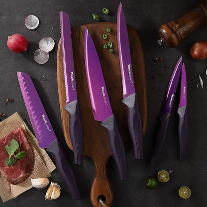 Wanbasion Purple Stainless Steel Knife Set, Sharp Kitchen Knife Set Professional, Kitchen Knife Set Dishwasher Safe with Covers for Cooking