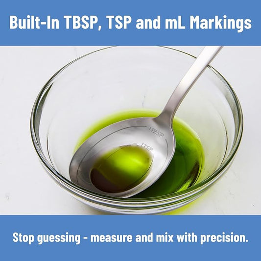 Misen Measuring Chef Spoon – Stainless Steel Cooking Spoon with Engraved Tablespoon Teaspoon and Milliliter Markings for Precise Measuring Mixing Sauces Dressings Marinades and Cooking Prep