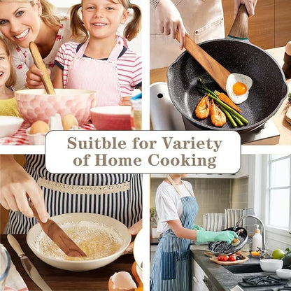 Wooden Kitchen Utensils Set, 4 Pcs Natural Acacia Wood Cooking Tools - Spurtle Set with Spatulas & Cleaning Brush, Non-Scratch for Non-Stick Pans, Safe for Home Cooking