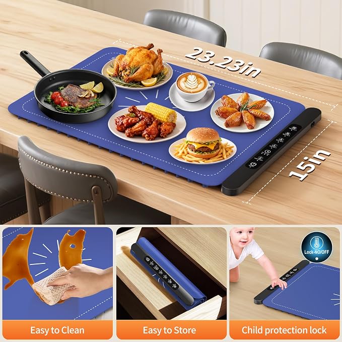 Warming Mat for Food, Silicone Electric Warming Tray with 4 Adjustable Temps & Timer, Food Warming Mat for Countertop, Foldable Portable Food Warmer Mat for Buffets, Parties, Kitchen, Family