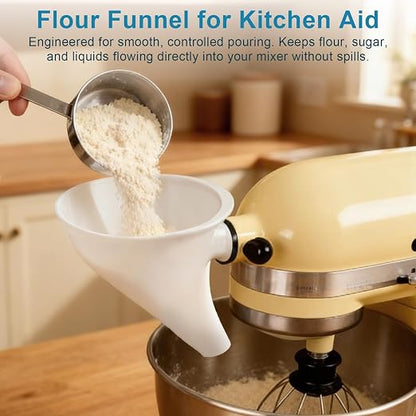 Flour Funnel for Kitchen Aid 5 Qt Tilt-Head Mixer, Easy Pour No-Mess Attachment for Flour, Sugar, and Egg Liquid, Food-Grade Plastic Baking Accessory Compatible with KSM150 (Purple)