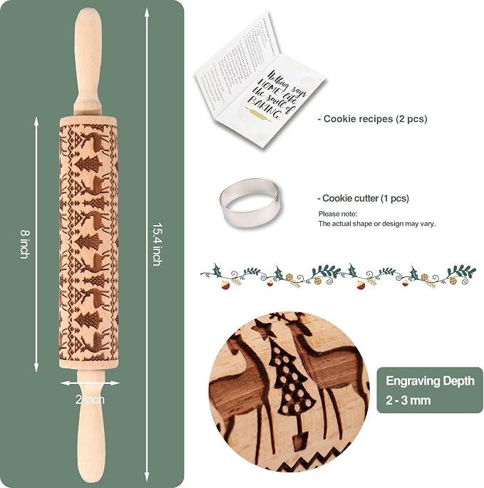 Christmas Embossed Rolling Pin for Baking Cookies Embossing Rolling Pins with Design Wooden Engraved Springerle Roller Pin Animal Dough Patterned Clay Pottery Ceramic Bakers Women (Reindeer & Tree)