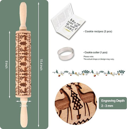 Christmas Embossed Rolling Pin for Baking Cookies Embossing Rolling Pins with Design Wooden Engraved Springerle Roller Pin Animal Dough Patterned Clay Pottery Ceramic Bakers Women (Reindeer & Tree)