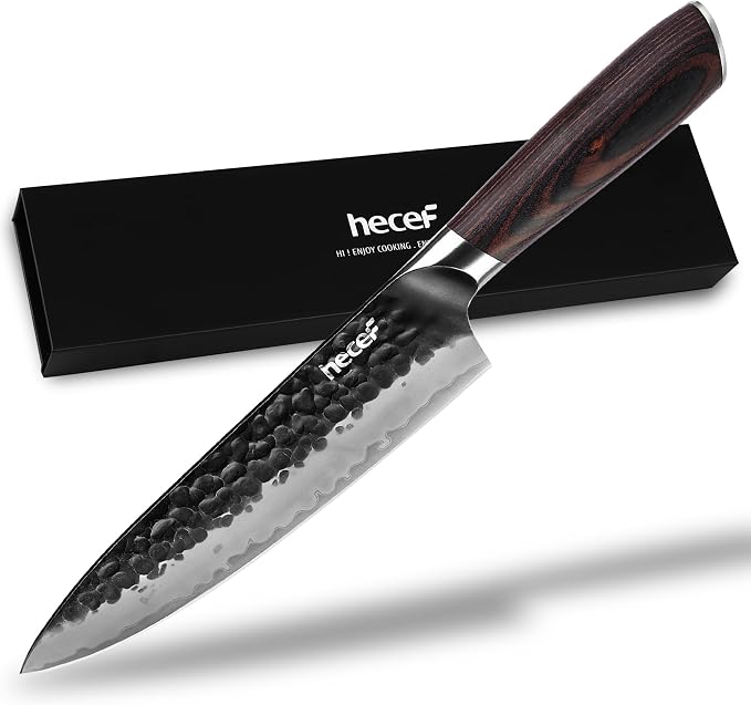 hecef Professional Japanese Chef Knife, 8 Inch Kitchen Knife with High Carbon Steel Blade, Ultra Sharp Edge & Ergonomic Pakkawood Handle for Daily Meal Prep