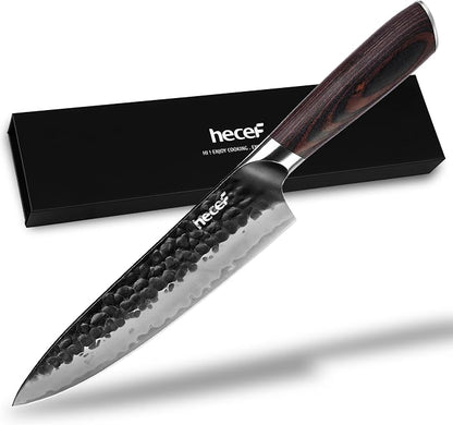 hecef Professional Japanese Chef Knife, 8 Inch Kitchen Knife with High Carbon Steel Blade, Ultra Sharp Edge & Ergonomic Pakkawood Handle for Daily Meal Prep