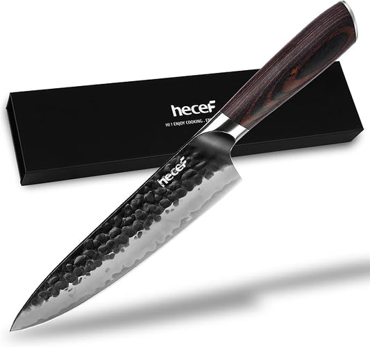 hecef Professional Japanese Chef Knife, 8 Inch Kitchen Knife with High Carbon Steel Blade, Ultra Sharp Edge & Ergonomic Pakkawood Handle for Daily Meal Prep
