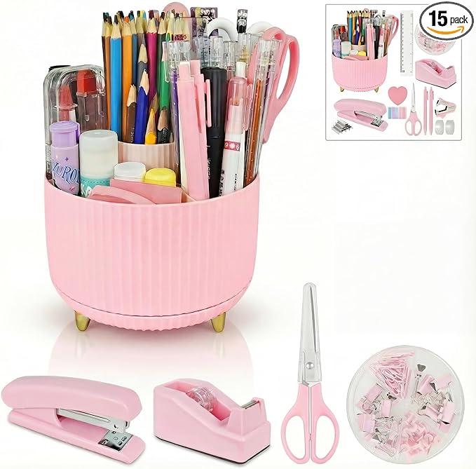 Pink Office Desk Accessories, 15pcs Office Supplies 360°Pen Holder , Stapler, Staple Remover, Tape Dispenser,Tape Refills, Binder Paper Clips Kit, Scissor, Cute Desk Accessories for Women Gift Set