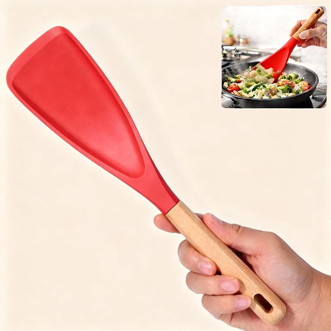 Cooking Spoon for Nonstick Cookwares,Cedar and Ash Spoon, Multifunction Spatula Cooking Spoon, Perfect Silicone Spoon for Mixing, Scoop, and Scrape(RED)