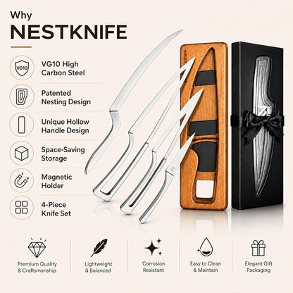 NestKnife Magnetic Kitchen Knife Set - 4 Piece VG10 High Carbon Stainless Steel Kitchen Knives with Patented Space-Saving Nesting Design & Magnetic Block - Ultra Sharp Professional Chef Knife Set