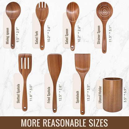 Wooden Cooking Utensils Set with Holder, 8 Pcs Teak Wood Kitchen Utensils for Nonstick Cookware, Wooden Spoons and Spatulas for Cooking, Farmhouse Kitchen Accessories