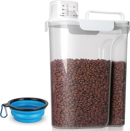 TIOVERY Dog Food Storage Container, 5-7 Lbs Airtight Pet Food Container, Cat food Container Dispenser with Portable Handle, Pouring Spout, Measuring Cup and a Collapsible bowl for Dogs Cats White/6Qt