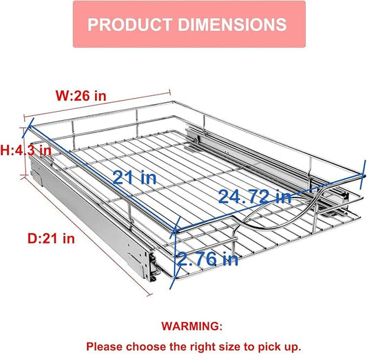 Sikarou Pull Out Cabinet Organizer 26" W x 21" D, Heavy Duty Kitchen Cabinet Pull Out Shelves, Slide Out Wire Basket for Kitchen Cabinets, Bathroom, Pantry, Chrome Finish