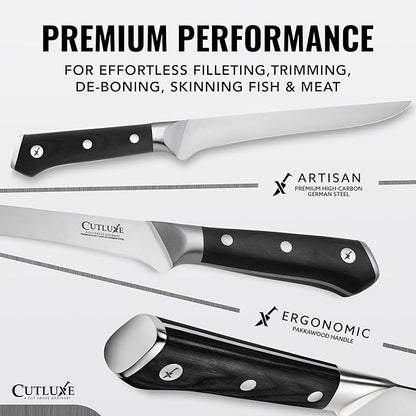 Cutluxe Boning Knife – 6" Razor Sharp Fillet – High Carbon German Steel – Full Tang Ergonomic Handle Design, Grilling Gifts for Men – Artisan Series