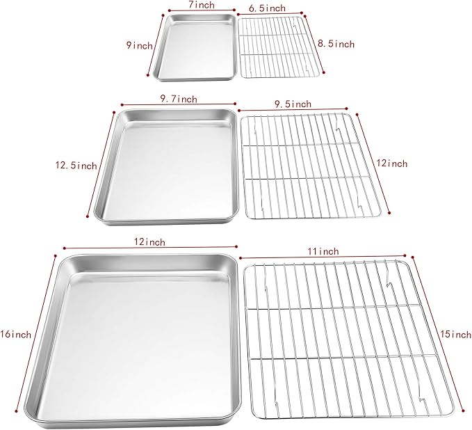 P&P CHEF 16+12.5+9 Inch Baking Sheets with Racks Set, Stainless Steel Baking Cookie Sheet Oven Pan and Cooling Rack, Healthy & Easy Clean, Oven & Dishwasher Safe, 3 Sizes & 6Pcs