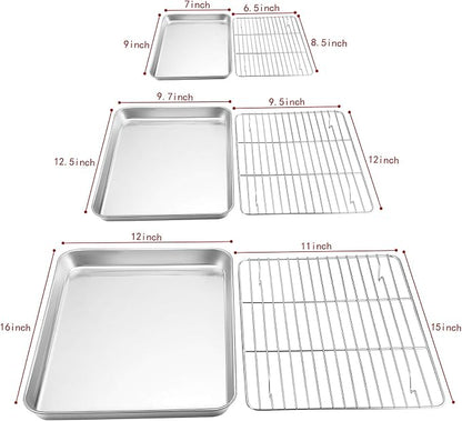 P&P CHEF 16+12.5+9 Inch Baking Sheets with Racks Set, Stainless Steel Baking Cookie Sheet Oven Pan and Cooling Rack, Healthy & Easy Clean, Oven & Dishwasher Safe, 3 Sizes & 6Pcs