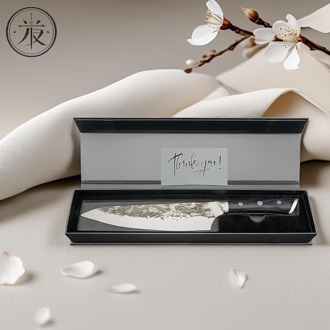 8” Professional Chef Knife – Hand Forged Kitchen Knife with Dark Wood Handle, Full Tang, Razor Sharp, Balanced – from British Fusion Atelier KOKORO – A Thoughtful Gift for Cooks