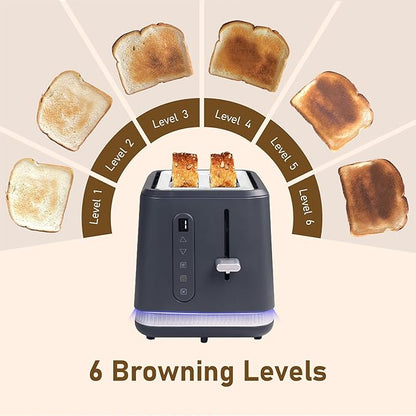 Stainless Steel Toaster 2 Slices, Toasters Wide Slot, Bread Toaster with Cancel, Reheat, Defrost Function, Bagel Toasters with Removable Tray & 6 Temperature Settings, LED Display, Grey