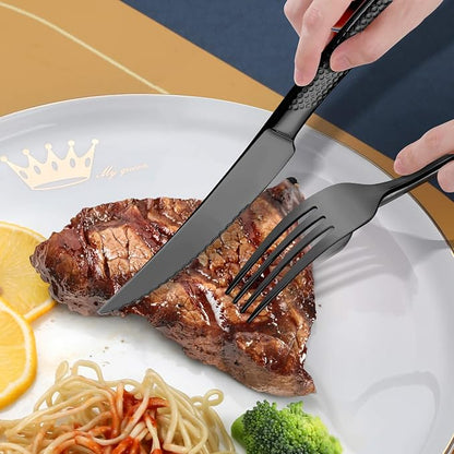 Lemeya Hammered 30-Pieces Set Black Silverware Set for 6 with Serrated Forging Knives,18/10 Stainless Steel Modern Flatware Set,Unique Cutlery Set,Mirror Polished,Dishwasher Safe