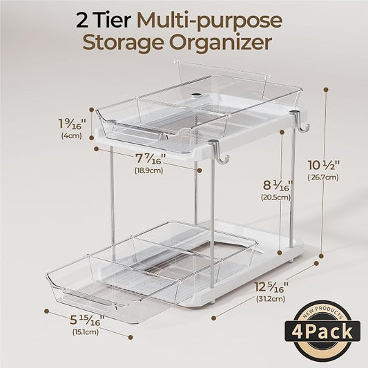 Delamu 2 Tier Under Sink Organizer Bathroom, Bathroom Cabinet Organizer with Snap-Lock Design and Hooks, Pull Out Storage with Movable Dividers, for Countertop, Kitchen and Pantry (White, 4 Pack)
