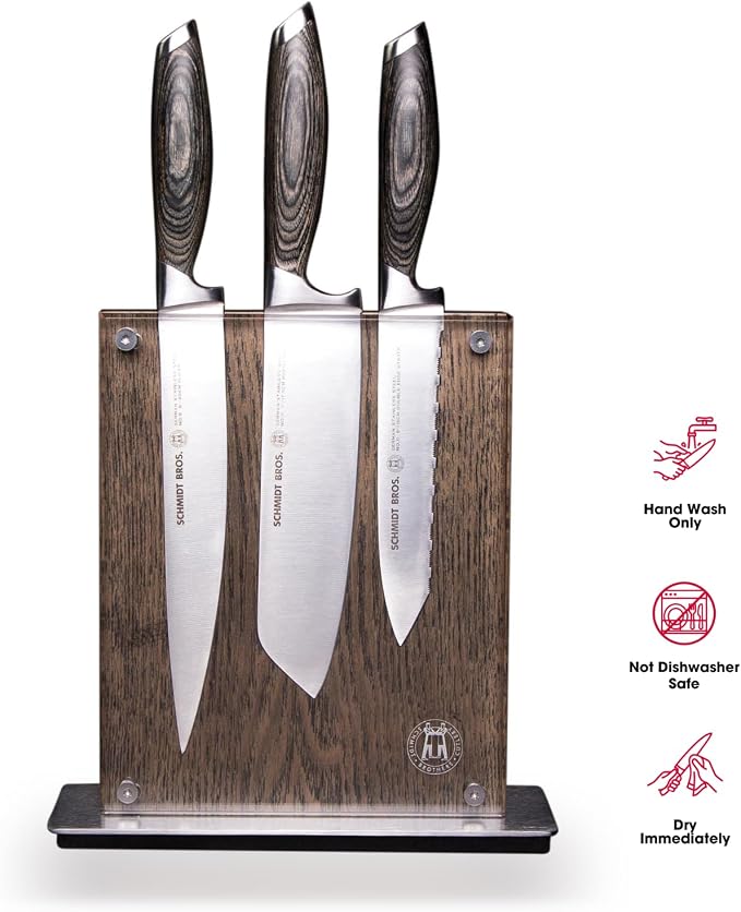 Schmidt Brothers - Bonded Ash 7-Piece Kitchen Knife Set, High-Carbon German Stainless Steel Cutlery, Ash Finish Wood Handles and Clear Acrylic Magnetic Knife Block