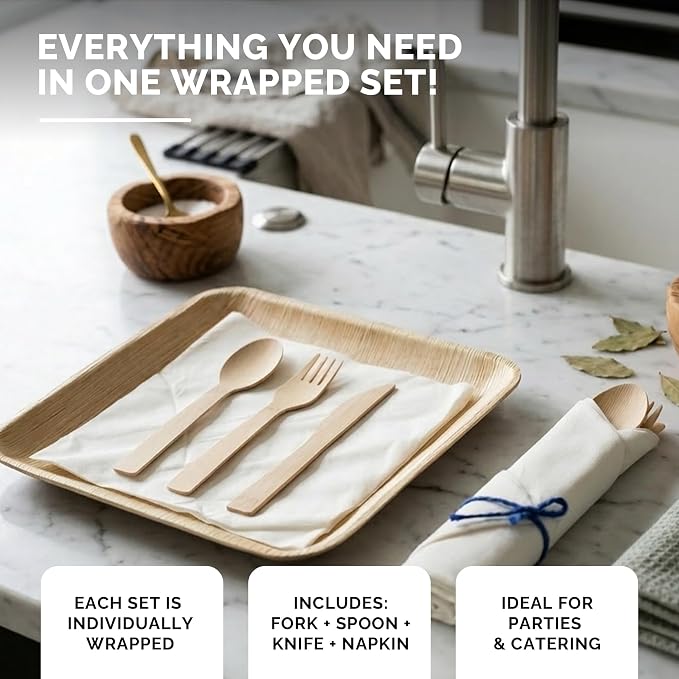 Prerolled Disposable Bamboo Cutlery Set – 50 Pack Pre Wrapped Silverware and Napkin Bundle with Forks, Knives, Spoons for Parties, Weddings, Events, and BBQ (Blue String)