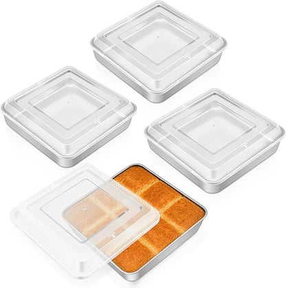 Leonyo Stainless Steel 9x9 Baking Pan with Lids, 4 Set 9IN x 9IN Metal Square Cake Pans with Lids, Commercial Brownie Pans Baking Dish for Lemon Bars, Dishwasher Safe(Except for Plastic Lids)