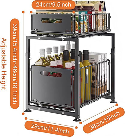 Under Sink Organizer, 2-Tier Multi-Use Kitchen and Bathroom Organizers and Storage, Slide Out Thickened Metal Under The Sink Organizer for Kitchen Bathroom Pantry (Style A Black, 1 Pack)