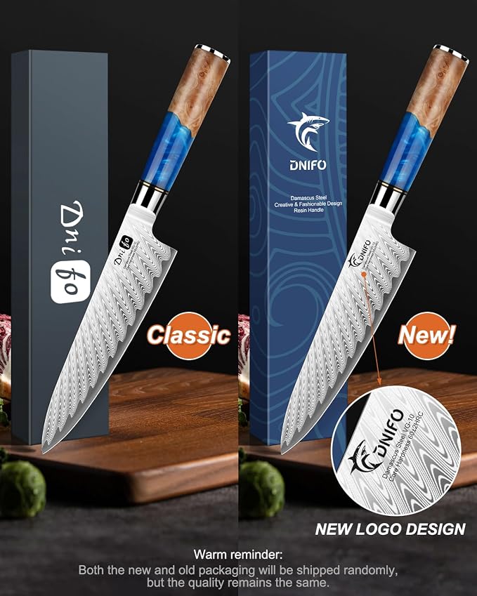 Japanese Chef Knife, 8 Inch Damascus Kitchen Knife with 67-Layer Damascus Steel & VG10 Core, Ultra Sharp Cooking Knife with Ergonomic Blue Resin Wooden Handle, Ideal Gift for Men and Women