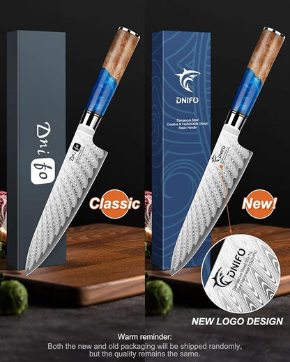 Japanese Chef Knife, 8 Inch Damascus Kitchen Knife with 67-Layer Damascus Steel & VG10 Core, Ultra Sharp Cooking Knife with Ergonomic Blue Resin Wooden Handle, Ideal Gift for Men and Women