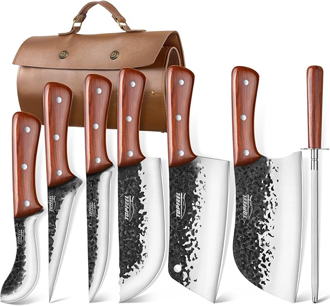 Topfeel 8PCS Chef Butcher Fish Knife Set for Meat Cutting with Roll Bag, Hand Forged Meat Cleaver Knife Boning Carving Knife Set for Home、Camping、BBQ
