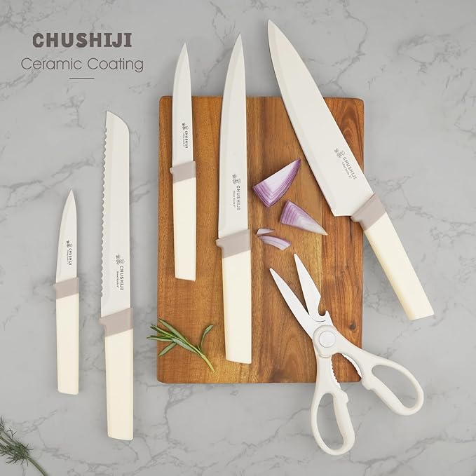 CHUSHIJI 15-Piece Kitchen Knife Set with Block, Premium High Carbon Stainless Steel, 8-Inch Chef Knife & 6 Steak Knives, Sharp Dishwasher Safe Durable Cutlery for Home Cooking, White