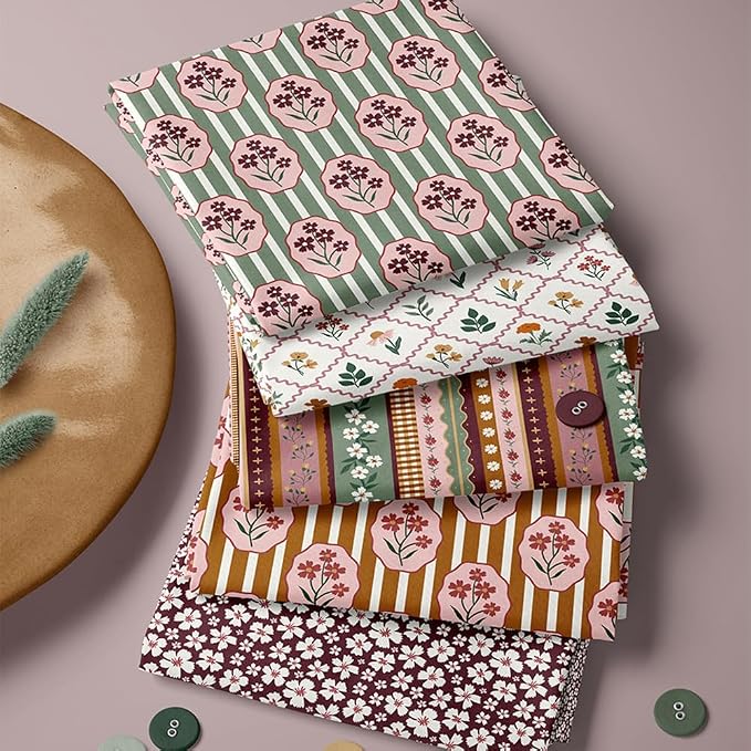 Cotton Patchwork Quilting Fabric Panel – 155×100 cm, 100% Cotton, Made in Türkiye (PRT_KUP 01-001) (Vintage Cottage Blooms, 5 pcs (23.6x11.8 inc))