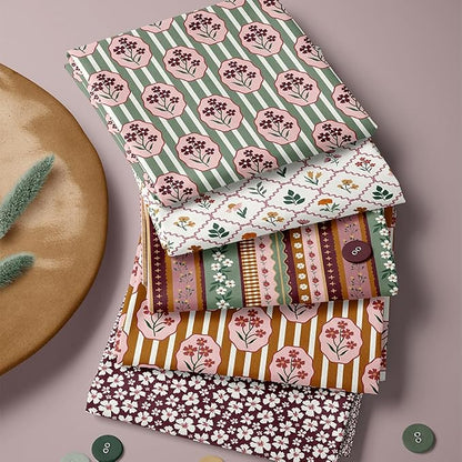 Cotton Patchwork Quilting Fabric Panel – 155×100 cm, 100% Cotton, Made in Türkiye (PRT_KUP 01-001) (Vintage Cottage Blooms, 5 pcs (23.6x11.8 inc))