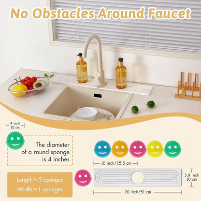 Faucet Mat for Kitchen Sink, 20" Wide Diatomite Fast Drying Stone Tray, Super Absorbent, Prevents Moisture Buildup, Faucet Water Splash Guard for Bathroom Counter, Sink Protector Gift for Mom, White