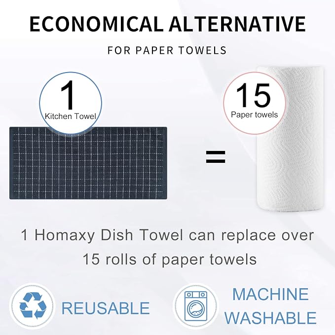 Homaxy 100% Cotton Terry Kitchen Towels(Dark Grey, 13 x 28 inches), Checkered Designed, Soft and Super Absorbent Dish Towels, 4 Pack