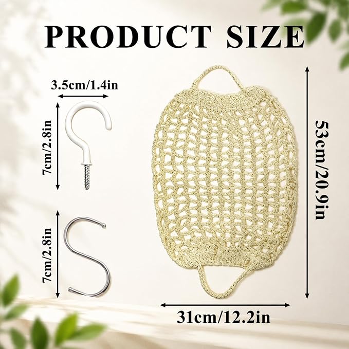 Hanging Fruit Hammock Under Cabinet with 4 Hooks - Macrame Boho Fruit Basket for Kitchen, Produce Net Storage to Save Counter Space, Ideal for Banana, Vegetable, Home, RV, Camper (Beige)